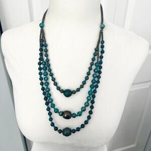 Peacock blue green beaded triple strand elegant adjustable necklace